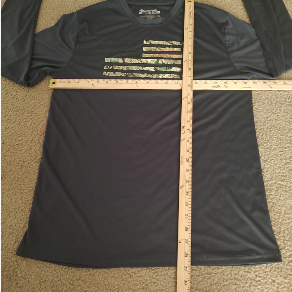 Mossy Oak Performance Shirt Mens L Grey Excellent Camo American Flag Long Sleeve